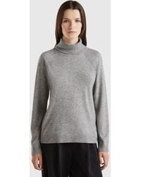 Benetton - Benetton, Suéter De Cuello Alto En Mezcla De Lana Y Cachemira Gris Jaspeado, Talla, Gris Claro, Mujer - Lyst