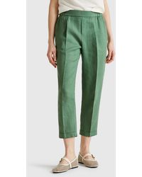 Benetton - Benetton, Pantalon Court En 100% Lin, Vert, Femme - Lyst