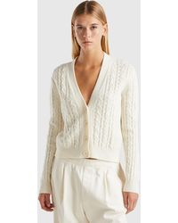 Benetton - Benetton, Boxy Fit Cardigan With Cable Knit And Perforations, , Creamy - Lyst