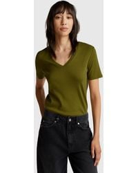 Benetton - Benetton, T-Shirt Col V En Pur Coton, Taille, Kaki, Femme - Lyst