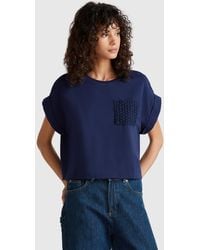Benetton - Benetton, Camiseta Con Bolsillo De Macramé, Azul Oscuro, Mujer - Lyst