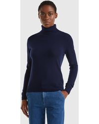 Benetton - Dark Blue Turtleneck Sweater In Pure Merino Wool - Lyst