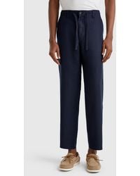 Benetton - Benetton, Pantalón De Puro Lino Con Cordón, Azul Oscuro, Hombre - Lyst