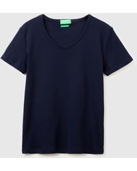 Benetton - Benetton, T-Shirt Ajusté À Col En V, Taille, Bleu Foncé, Femme - Lyst