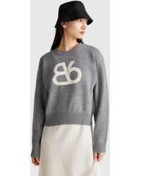 Benetton - Benetton, Pull À Col Rond En Laine Mélangée, Gris Foncé, Femme - Lyst