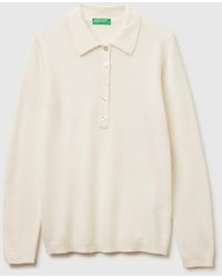 Benetton - Benetton, Polo De Punto En Mezcla De Cachemira, Talla, Blanco Crema, Mujer - Lyst