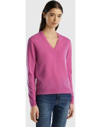 Benetton - Dark Pink V-neck Sweater In Pure Merino Wool - Lyst