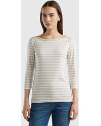 Benetton - Striped 3/4 Sleeve T-shirt In 100% Cotton - Lyst