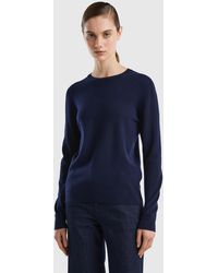 Benetton - Dark Blue Crew Neck Sweater In Merino Wool - Lyst