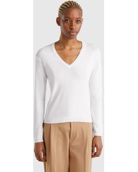 Benetton - Benetton, Pull Blanc À Col En V, Blanc, Femme - Lyst