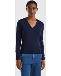 Benetton - Dark Blue V-neck Sweater In Pure Merino Wool - Lyst