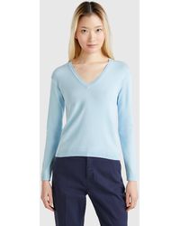 Benetton - Benetton, Jersey De Algodón Puro Con Escote De Pico, Celeste, Mujer - Lyst