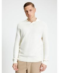 Ben Sherman - Long Sleeve Textured Open Neck Knitted Polo In Ivory - Lyst