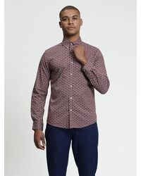 Ben Sherman - Long Sleeve Block Geo Print Shirt In Maroon - Lyst