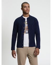 Ben Sherman - Long Sleeve Checkerboard Button Through Knitted Shirt In Dark Navy - Lyst