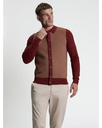 Ben Sherman - Long Sleeve Contrast Checkerboard Button Through Knitted Shirt In Sienna - Lyst