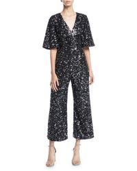Black Halo V-neck Short-sleeve Sequin Jumpsuit - Black