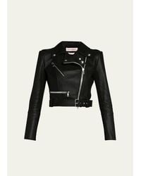 McQueen - Cropped Leather Biker Jacket - Lyst