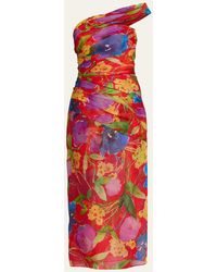 Carolina Herrera - Floral One-shoulder Ruched Midi Dress With Shoulder Sash - Lyst