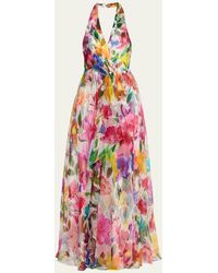 Badgley Mischka - Floral-print Ruffle-trim Organza Halter Gown - Lyst
