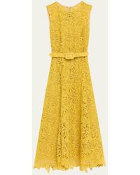 Oscar de la Renta - Sleeveless Feather Scroll Guipure Midi Day Dress With Belt - Lyst