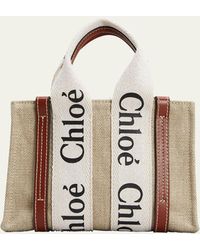 Chloé - Woody Mini Tote Bag In Linen With Crossbody Strap - Lyst