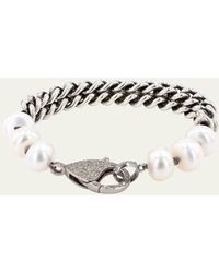Sheryl Lowe - Pearl And Double Chain Bracelet With Pave Diamond Clasp - Lyst
