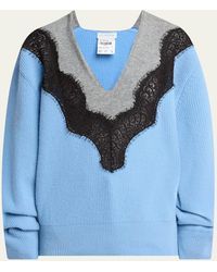 Stella McCartney - Colorblock Lace Insert V-Neck Ribbed Wool Sweater - Lyst