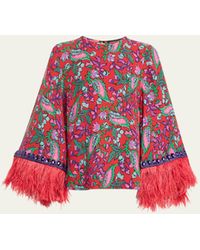 Andrew Gn - Floral-print Feather Crystal-trim Sleeve Silk Top - Lyst