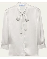 Prada - Bow-Neck Silk 3-4 Sleeve Blouse - Lyst