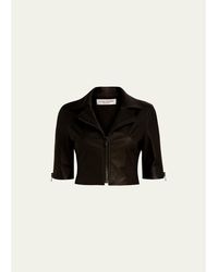 Susan Bender - Short-Sleeve Cropped Leather Moto Jacket - Lyst