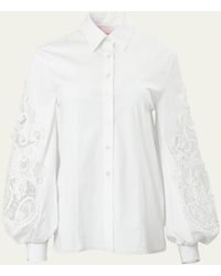 Carolina Herrera - Embroidered Puff-sleeve Button-front Blouse - Lyst
