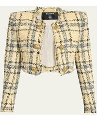 Balmain - Paillette Check Eyelash Tweed Crop Jacket - Lyst