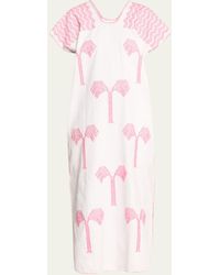 Pippa Holt - Single-panel Midi Kaftan In White With Pink Realistic Palm Motifs - Lyst