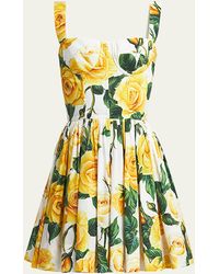 Dolce & Gabbana - Yellow Rose Floral Print Mini Dress With Corsetry Construction - Lyst