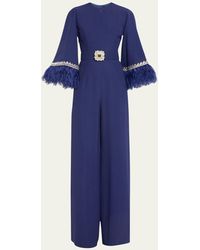 Andrew Gn - Crystal Belted Feather Trimmed Wide Leg Jumpsuit - Lyst