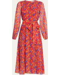 Carolina Herrera - Floral-print Gathered-neck Long-sleeve Midi Dress - Lyst