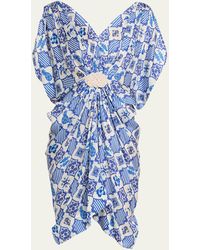 VERANDAH - Azulejos-print Draped Kaftan Mini Dress - Lyst