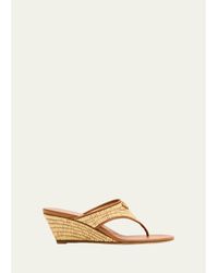 Prada - 55Mm Triangle Logo Raffia And Leather Thong Sandals - Lyst