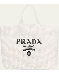 Prada - Logo Striped Raffia Shoulder Bag - Lyst