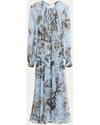 Oscar de la Renta - Floral And Fauna Chiffon Button-front Long-sleeve Midi Dress - Lyst