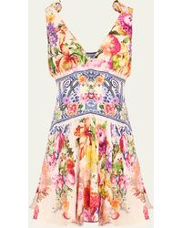 Camilla - Tie-shoulder Floral Linen Silk Mini Dress - Lyst