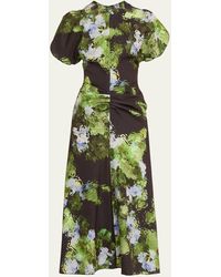 Victoria Beckham - Watercolor Floral-print Gathered Midi Dress - Lyst