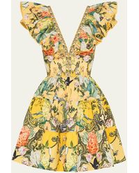 Camilla - Tiered Neck Frill Floral Cotton Mini Dress - Lyst