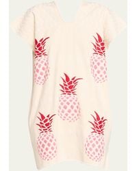 Pippa Holt - Single-panel Mini Kaftan In White With Pink Pineapple Embroidery - Lyst
