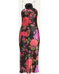 Rodarte - Floral Printed Silk Bias Midi Dress With Neck Flower - Lyst