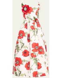 Oscar de la Renta - Poppies-print Flower-applique Scoop-neck Sleeveless Midi Dress - Lyst