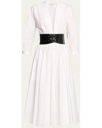 Alaïa - Flared Poplin Midi Dress With Embossed Belt - Lyst
