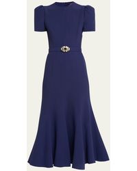 Andrew Gn - Puff-sleeve Crystal Belted Flared Midi Dress - Lyst