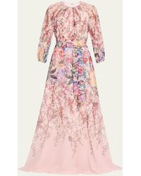 Teri Jon - Blouson-Sleeve Floral-Print Chiffon Gown - Lyst
